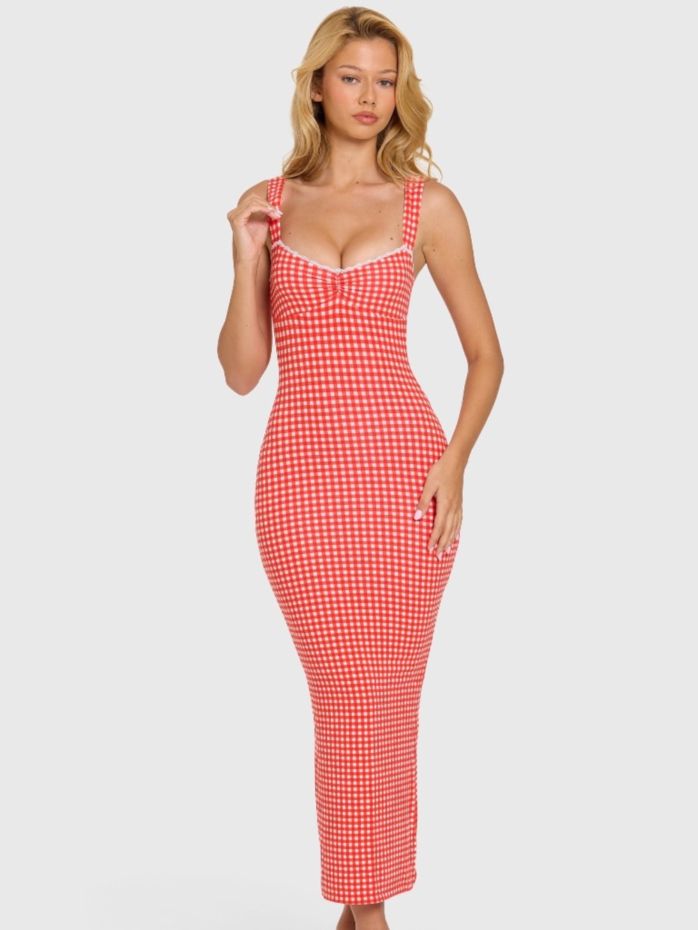 Oh Polly Modal “Lorie” Midaxi Lace-Trim Dress, Red White Gingham XS NEW W/ TAGS!